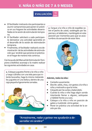 V. NIÑA O NIÑO DE 7 A 9 MESES 
EVALUACIÓN 15 
50 
min. 
1. Coloque juguetes frente a la niña o niño 
y luego cúbralos con una tela para que in-tente 
buscarlos, haga lo mismo metiendo 
los juguetes en una bolsa y dentro de una 
caja pequeña ligeramente cerradas. 
“Arrastrarme, rodar y gatear me ayudarán a de-sarrollar 
mi cerebro” 
2. Cargue a la niña o niño de espaldas so-bre 
el pecho de usted, sosténgalo por las 
piernas y el abdomen, manténgalo en esta 
posición por momentos para que se acos-tumbre 
a la sensación de estar libre. 
Cantarle suavemente. 
Decirle: adiós, chau, con gestos a la niña o 
niño y motivarlo a que lo imite. 
Cárguelo por las axilas y balancéelo. 
Cuando la niña o niño haga algún sonido 
intentando llamar a alguien, acérquese 
y háblele frente a su cara. 
Coloque a la niña o niño en posición de 
gateo y muéstrele cómo gatear. 
Poner en práctica una actividad de la se-sión 
por día. 
El facilitador motivará a los participantes a 
asumir compromisos para poner en prácti-ca 
en sus hogares las actividades desarro-lladas 
en la sesión de estimulación tempra-na. 
El facilitador solicitará a cada participan-te 
demostrar una actividad aprendida en 
el desarrollo de la sesión de estimulación 
temprana. 
Finalmente, el facilitador realizará una de-mostración 
de las actividades de estimula-ción 
que tendrán que ponerse en práctica 
en el hogar de manera más continua. 
l 
l 
l 
l 
l 
l 
l 
l 
l 
Con la ayuda del Manual de Estimulación Tem-prana 
(rotafolio) aconseje a la madre realizar 
las siguientes actividades en casa: 
Además, todos los días: 
 