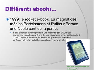Différents ebooks…1999: le rocket e-book. La magnat des médias Bertelsmann et l'éditeur Barnes and Noble sont de la partie.Ila la taille d'un livre de poche et une mémoire de4 MO, ce qui correspond quand-même à une dizaine d'ouvrages et on peut l'étendre à 32 MO. Vendu 500 dollars, le Rocket ne quittera pas le marché américain où il n’aura d’ailleurs pas beaucoup de succès.www.atpm.comrocketebook.jpg/6.05/images/