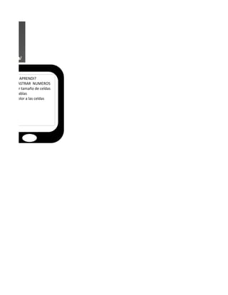 ¿QUE APRENDI?
1. A ARRASTRAR NUMEROS
2.cambiar tamaño de celdas
3.hacer tablas
4.darle color a las celdas