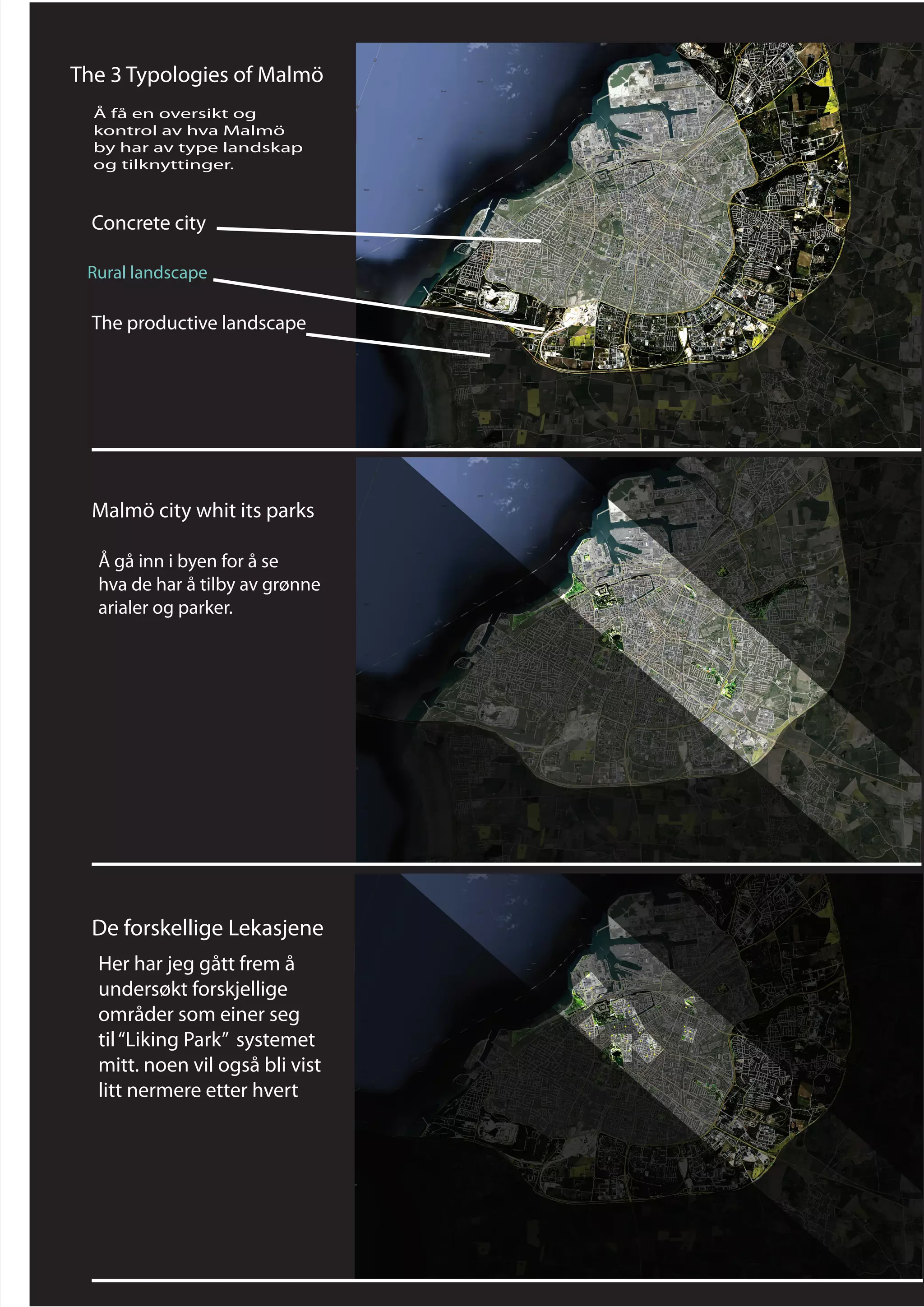 The 3 Typologies of Malmö
  Å få en oversikt og
  kontrol av hva Malmö
  by har av type landskap
  og tilknyttinger.



  Concrete city

 Rural landscape

  The productive landscape




  Malmö city whit its parks

  Å gå inn i byen for å se
  hva de har å tilby av grønne
  arialer og parker.




  De forskellige Lekasjene
  Her har jeg gått frem å
  undersøkt forskjellige
  områder som einer seg
  til “Liking Park” systemet
  mitt. noen vil også bli vist
  litt nermere etter hvert
 