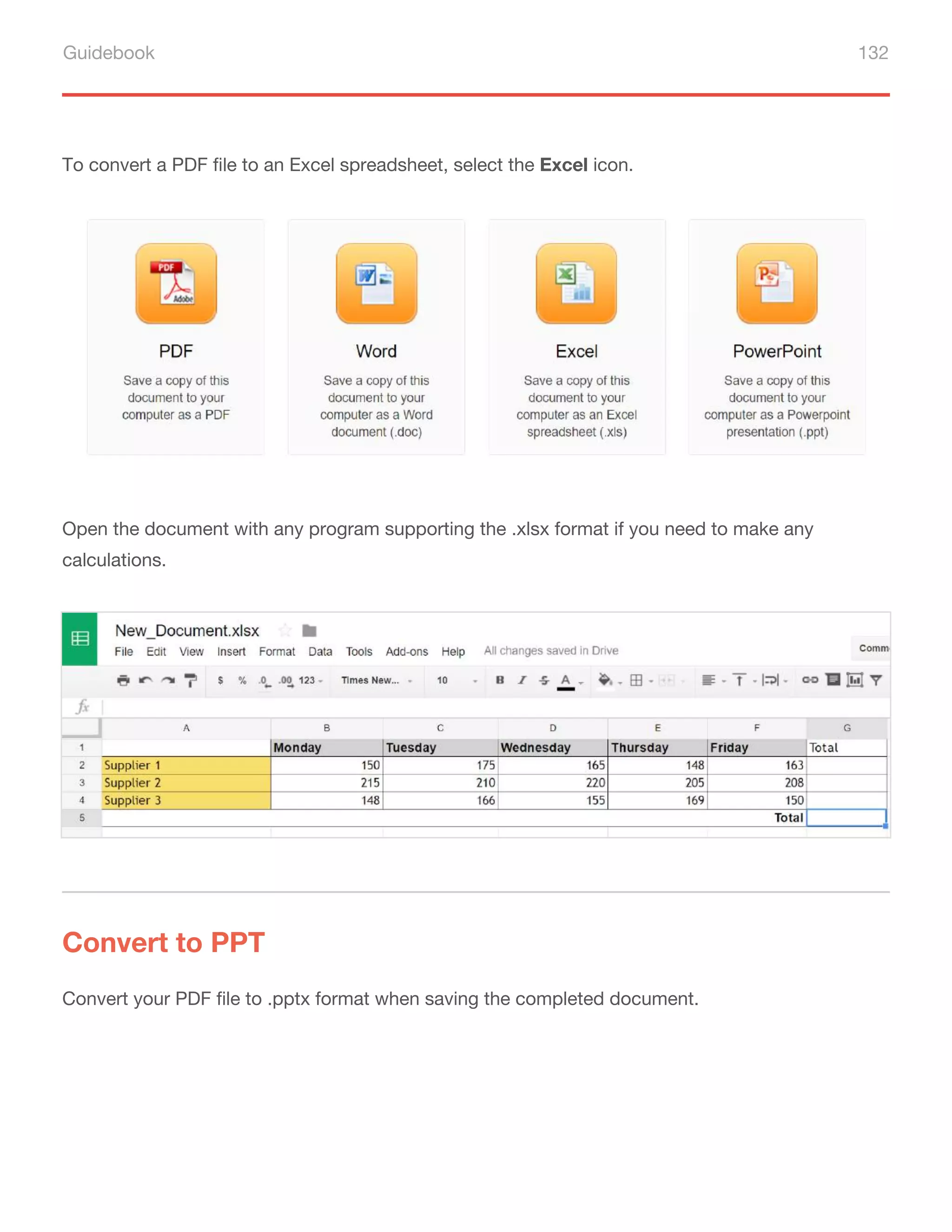 Guidebook 132
To convert a PDF file to an Excel spreadsheet, select the Excel icon.
Open the document with any program supporting the .xlsx format if you need to make any
calculations.
Convert to PPT
Convert your PDF file to .pptx format when saving the completed document.
 