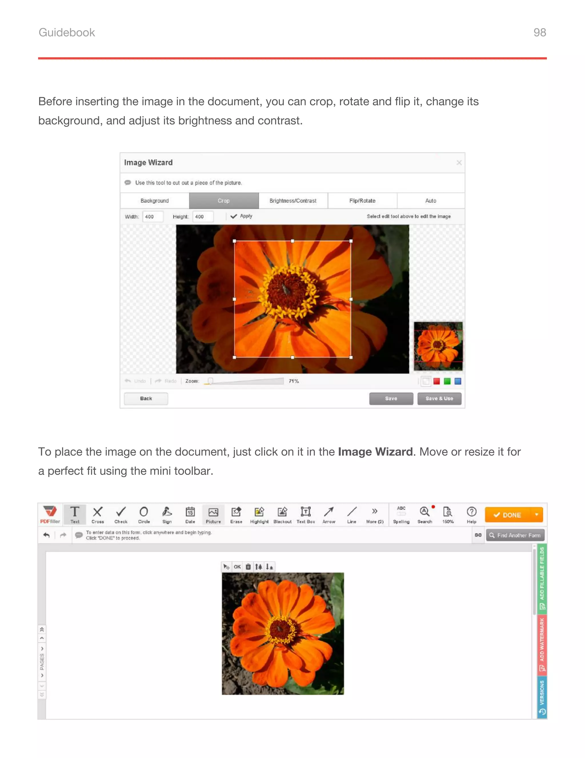 Guidebook 98
Before inserting the image in the document, you can crop, rotate and flip it, change its
background, and adjust its brightness and contrast.
To place the image on the document, just click on it in the Image Wizard. Move or resize it for
a perfect fit using the mini toolbar.
 