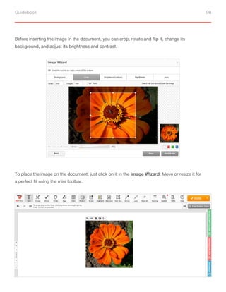 Guidebook 98
Before inserting the image in the document, you can crop, rotate and flip it, change its
background, and adjust its brightness and contrast.
To place the image on the document, just click on it in the Image Wizard. Move or resize it for
a perfect fit using the mini toolbar.
 