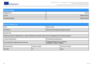 Call 2018 Round 1 KA2 - Cooperation for innovation and the exchange of good practices
KA229 - School Exchange Partnerships
FormId KA229-2D16EA4A Deadline (Brussels Time) 21 Mar 2018 12:00:00
36 / 52EN
Activity Budget
Budget Items Grant
Travel 6985.00 EUR
Individual Support 9384.00 EUR
Activity Details (C4)
Field Activity Type
SCHOOLS Short-term exchanges of groups of pupils
Activity Title
Meeting conclusivo. Redazione di un report. Diffusione dei risultati. Eventi con il coinvolgimento di comunità di migranti.
Leading Organisation Participating Organisations
Liceo Scientifico Statale Antonio Pacinotti
Colegio Salesiano San Juan Bosco
EVDOMO LYKEIO LARISAS
Starting Period Duration (days) Country of Venue
04-2020 4 Italy
 