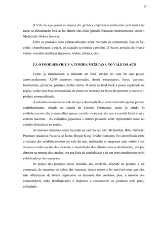 12
O Vale do aço possui ao menos dez grandes empresas reconhecidas pela marca no
ramo de alimentação fora do lar, dentre elas estão grandes franquias internacionais, como o
Mcdonalds, Bobs e Subway.
Entre os produtos mais comercializados neste mercado de alimentação fora do lar,
estão: o hambúrguer, a pizza, os salgados (coxinhas e pastéis), X-bacon, porções de fritas e
carnes, comidas temáticas (japonesa, árabes, chinesa, etc.).
3.3. O FOOD SERVICE E A COMIDA MEXICANA NO VALE DO AÇO
Como já mencionado, o mercado de food service no vale do aço possui
aproximadamente 3.200 empresas registradas, dentre restaurantes, bares, cantinas,
lanchonetes, pizzarias, padarias, dentre outros. O ramo de food truck é pouco explorado na
região, sendo uma boa oportunidade de entrar no mercado na busca de penetrar a marca e o
produto comercializado.
A culinária mexicana no vale do aço é desenvolvida e comercializada apenas por um
estabelecimento, situado na cidade de Coronel Fabriciano, como já citado. O
estabelecimento não comercializa apenas comida mexicana, ele une a comida latina com a
comida nacional. As culinárias japonesas e árabes possuem certa representatividade no
cenário alimentício na região.
As maiores empresas desse mercado no vale do aço são: Mcdonalds, Bobs, Subway,
Premiare (padaria), Pizzaria do Jaime, Burger King, Brüder Butiquim. Foi identificada entre
a maioria dos estabelecimentos no vale do aço, analisando as empresas com visitas e em
acessos a redes sociais das mesmas, a insatisfação dos clientes com o atendimento, ora por
demora na entrega dos lanches, ora por falta de cordialidade e de um bom atendimento pelos
colaboradores das empresas.
Os preços dos produtos nesse mercado são variáveis, depende do produto a ser
comprado, do tamanho, do sabor, das misturas, dentre outros e foi possível notar que eles
não influenciam de forma impactante na demanda dos produtos, pois, a maioria dos
consumidores estão familiarizados e dispostos a consumirem os produtos pelo preço
estipulado.
 