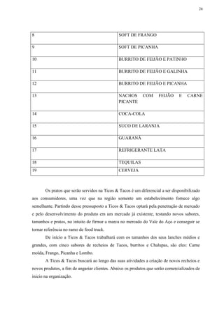26
Os pratos que serão servidos na Ticos & Tacos é um diferencial a ser disponibilizado
aos consumidores, uma vez que na região somente um estabelecimento fornece algo
semelhante. Partindo desse pressuposto a Ticos & Tacos optará pela penetração de mercado
e pelo desenvolvimento do produto em um mercado já existente, testando novos sabores,
tamanhos e pratos, no intuito de firmar a marca no mercado do Vale do Aço e conseguir se
tornar referência no ramo de food truck.
De início a Ticos & Tacos trabalhará com os tamanhos dos seus lanches médios e
grandes, com cinco sabores de recheios de Tacos, burritos e Chalupas, são eles: Carne
moída, Frango, Picanha e Lombo.
A Ticos & Tacos buscará ao longo das suas atividades a criação de novos recheios e
novos produtos, a fim de angariar clientes. Abaixo os produtos que serão comercializados de
inicio na organização.
8 SOFT DE FRANGO
9 SOFT DE PICANHA
10 BURRITO DE FEIJÃO E PATINHO
11 BURRITO DE FEIJÃO E GALINHA
12 BURRITO DE FEIJÃO E PICANHA
13 NACHOS COM FEIJÃO E CARNE
PICANTE
14 COCA-COLA
15 SUCO DE LARANJA
16 GUARANÁ
17 REFRIGERANTE LATA
18 TEQUILAS
19 CERVEJA
 