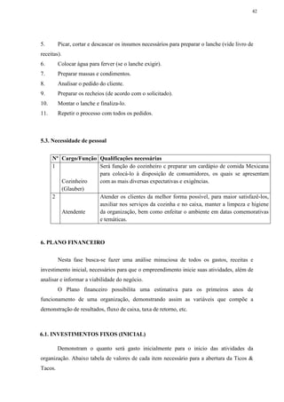 42
5. Picar, cortar e descascar os insumos necessários para preparar o lanche (vide livro de
receitas).
6. Colocar água para ferver (se o lanche exigir).
7. Preparar massas e condimentos.
8. Analisar o pedido do cliente.
9. Preparar os recheios (de acordo com o solicitado).
10. Montar o lanche e finaliza-lo.
11. Repetir o processo com todos os pedidos.
5.3. Necessidade de pessoal
Nº Cargo/Função Qualificações necessárias
1
Cozinheiro
(Glauber)
Será função do cozinheiro c preparar um cardápio de comida Mexicana
para colocá-lo à disposição de consumidores, os quais se apresentam
com as mais diversas expectativas e exigências.
2
Atendente
Atender os clientes da melhor forma possível, para maior satisfazê-los,
auxiliar nos serviços da cozinha e no caixa, manter a limpeza e higiene
da organização, bem como enfeitar o ambiente em datas comemorativas
e temáticas.
6. PLANO FINANCEIRO
Nesta fase busca-se fazer uma análise minuciosa de todos os gastos, receitas e
investimento inicial, necessários para que o empreendimento inicie suas atividades, além de
analisar e informar a viabilidade do negócio.
O Plano financeiro possibilita uma estimativa para os primeiros anos de
funcionamento de uma organização, demonstrando assim as variáveis que compõe a
demonstração de resultados, fluxo de caixa, taxa de retorno, etc.
6.1. INVESTIMENTOS FIXOS (INICIAL)
Demonstram o quanto será gasto inicialmente para o inicio das atividades da
organização. Abaixo tabela de valores de cada item necessário para a abertura da Ticos &
Tacos.
 