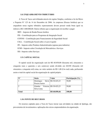 8
1.8. ENQUADRAMENTO TRIBUTÁRIO
A Ticos & Tacos será tributada através do regime Simples, conforme a lei da Micro
e Pequena N° 123 de 14 de Dezembro de 2006. As empresas (Pessoa Jurídica) que se
enquadram nesse regime tributário expressamente devem possuir renda bruta igual ou
inferior a R$ 3.600.000,00. Outros tributos que a organização irá recolher e pagar:
IRPJ – Imposto de Renda Pessoa Jurídica
PIS – Contribuição para os Programas de Integração Social
COFINS – Contribuição para Financiamento da Seguridade Social
CSLL – Contribuição Social sobre o Lucro Líquido
IPI – Imposto sobre Produtos Industrializados (apenas para indústria)
ICMS - Imposto sobre Circulação de Mercadorias e Serviços
ISS - Imposto sobre Serviços
1.9. CAPITAL SOCIAL
O capital social da organização será de R$ 60.850,00 (Sessenta mil, oitocentos e
cinquenta reais e quarenta e seis centavos) sendo dividido em 60.850 (Sessenta mil
oitocentos e cinquenta mil) cotas, no valor unitário de R$ 1,00 (Um real) cada, perfazendo
assim o total do capital social da organização de capital próprio.
Nº Sócio Valor Participação (%)
1 Domingos Sávio
Pereira Junior
R$ 30.425,23 50,00
2 Glauber Vinicius
Silva Lima
R$ 30.425,23 50,00
Total R$ 60.850,46 100,00
1.10. FONTE DE RECURSOS
Os recursos captados para a Ticos & Tacos iniciar suas atividades na cidade de Ipatinga, são
provenientes de investimentos e aplicações dos sócios empreendedores da organização.
 
