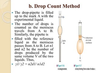 b. Drop Count Method
 The drop-pipette is filled
up to the mark A with the
experimental liquid.
 The number of drops is
counted as the meniscus
travels from A to B.
Similarly, the pipette is
 filled with the reference
liquid as the meniscus
passes from A to B. Let n1
and n2 be the number of
drops produced by the
same volume V of the two
liquids. Thus,
 γ1/ γ2 = n2d1/ n1d2
 