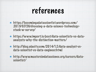 references
https://becomingadatascientist.wordpress.com/
2013/07/26/choosing-a-data-science-technology-
stack-w-survey/
https://www.import.io/post/data-scientists-vs-data-
analysts-why-the-distinction-matters/
http://blog.udacity.com/2014/12/data-analyst-vs-
data-scientist-vs-data-engineer.html
http://www.mastersindatascience.org/careers/data-
scientist/
 