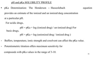 pH and pKa SOLUBILITY PROFILE
• pKa Determination: The Henderson – Hasseslebach equation
provides an estimate of the ionized and un ionized durg concentration
at a particular pH.
For acidic drugs,
pH = pKa + log (ionized drug) / un-ionized drug) For
basic drugs,
pH = pKa + log (unionized drug / ionized drug )
- Buffers, temperature, ionic strength and cosolvent can affect the pKa value.
- Potentiometric titration offers maximum sensitivity for
compounds with pKa values in the range of 3-10.
15
 