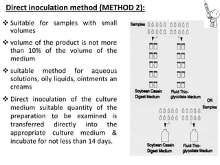 Direct inoculation method (METHOD 2):
 Suitable for samples with small
volumes 

 volume of the product is not more
than 10% of the volume of the
medium 

 suitable method for aqueous
solutions, oily liquids, ointments an
creams 

 Direct inoculation of the culture
medium suitable quantity of the
preparation to be examined is
transferred directly into the
appropriate culture medium &
incubate for not less than 14 days. 
 