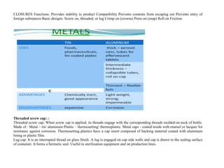 CLOSURES Functions: Provides stability to product Compatibility Prevents contents from escaping out Prevents entry of
foreign substances Basic designs: Screw on, threaded, or lug Crimp on (crowns) Press on (snap) Roll on Friction.
Threaded screw cap: :
Threaded screw cap: When screw cap is applied, its threads engage with the corresponding threads molded on neck of bottle.
Made of : Metal – tin/ aluminum Plastic – thermosetting/ thermoplastic. Metal caps - coated inside with enamel or lacquer for
resistance against corrosion. Thermosetting plastics have a cap insert composed of backing material coated with aluminum
lining or plastic film.
Lug cap: It is an interrupted thread on glass finish. A lug is engaged on cap side walls and cap is drawn to the sealing surface
of container. It forms a hermetic seal. Useful in sterilization equipment and on production lines.
 
