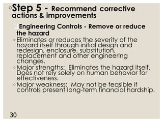 ◦Step 5 - Recommend corrective
actions & improvements
❑Engineering Controls - Remove or reduce
the hazard
◦ Eliminates or reduces the severity of the
hazard itself through initial design and
redesign, enclosure, substitution,
replacement and other engineering
changes.
◦ Major strengths: Eliminates the hazard itself.
Does not rely solely on human behavior for
effectiveness.
◦ Major weakness: May not be feasible if
controls present long-term financial hardship.
30
 