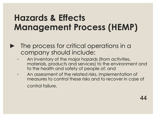 Hazards & Effects
Management Process (HEMP)
► The process for critical operations in a
company should include:
◦ An inventory of the major hazards (from activities,
materials, products and services) to the environment and
to the health and safety of people of; and
◦ An assessment of the related risks, implementation of
measures to control these risks and to recover in case of
control failure.
44
 