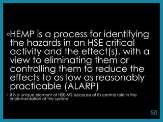 ◦HEMP is a process for identifying
the hazards in an HSE critical
activity and the effect(s), with a
view to eliminating them or
controlling them to reduce the
effects to as low as reasonably
practicable (ALARP)
◦ It is a unique element of HSE-MS because of its central role in the
implementation of the system
50
 
