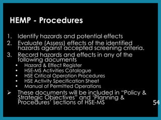 HEMP - Procedures
1. Identify hazards and potential effects
2. Evaluate (Assess) effects of the identified
hazards against accepted screening criteria.
3. Record hazards and effects in any of the
following documents
• Hazard & Effect Register
• HSE-MS Activities Catalogue
• HSE Critical Operation Procedures
• HSE Activity Specification Sheet
• Manual of Permitted Operations
➢ These documents will be included in “Policy &
Strategic Objectives” and ‘Planning &
Procedures’ sections of HSE-MS 54
 