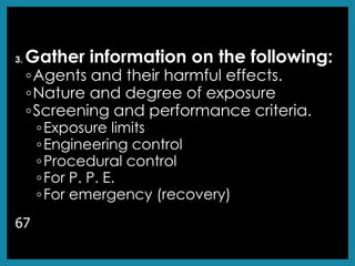 3. Gather information on the following:
◦Agents and their harmful effects.
◦Nature and degree of exposure
◦Screening and performance criteria.
◦Exposure limits
◦Engineering control
◦Procedural control
◦For P. P. E.
◦For emergency (recovery)
67
 