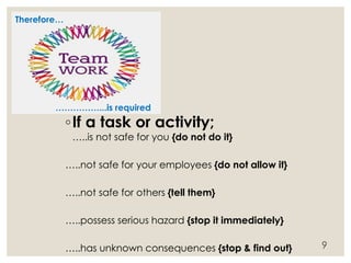 ◦If a task or activity;
…..is not safe for you {do not do it}
…..not safe for your employees {do not allow it}
…..not safe for others {tell them}
…..possess serious hazard {stop it immediately}
…..has unknown consequences {stop & find out} 9
Therefore…
……………...is required
 