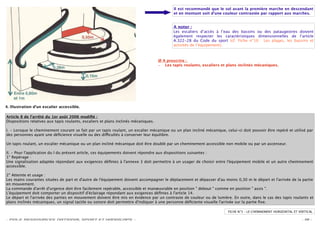 Il est recommandé que le sol avant la première marche en descendant
                                                                                            et en montant soit d’une couleur contrastée par rapport aux marches.


                                                                                            A noter :
                                                                                            Les escaliers d’accès à l’eau des bassins ou des pataugeoires doivent
                                                                                            également respecter les caractéristiques dimensionnelles de l’article
                                                                                            A.322-28 du Code du sport (cf. Fiche n°10 : Les plages, les bassins et
                                                                                            activités de l’équipement).



                                                                                     Ø A proscrire :
                                                                                     – Les tapis roulants, escaliers et plans inclinés mécaniques.




4. Illustration d'un escalier accessible.

Article 8 de l’arrêté du 1er août 2006 modiﬁé :
Dispositions relatives aux tapis roulants, escaliers et plans inclinés mécaniques.

I. - Lorsque le cheminement courant se fait par un tapis roulant, un escalier mécanique ou un plan incliné mécanique, celui-ci doit pouvoir être repéré et utilisé par
des personnes ayant une déﬁcience visuelle ou des di cultés à conserver leur équilibre.

Un tapis roulant, un escalier mécanique ou un plan incliné mécanique doit être doublé par un cheminement accessible non mobile ou par un ascenseur.

II. - Pour l'application du I du présent article, ces équipements doivent répondre aux dispositions suivantes :
1° Repérage :
Une signalisation adaptée répondant aux exigences déﬁnies à l'annexe 3 doit permettre à un usager de choisir entre l'équipement mobile et un autre cheminement
accessible.

2° Atteinte et usage :
Les mains courantes situées de part et d'autre de l'équipement doivent accompagner le déplacement et dépasser d'au moins 0,30 m le départ et l'arrivée de la partie
en mouvement.
La commande d'arrêt d'urgence doit être facilement repérable, accessible et manœuvrable en position " debout " comme en position " assis ".
L'équipement doit comporter un dispositif d'éclairage répondant aux exigences déﬁnies à l'article 14.
Le départ et l'arrivée des parties en mouvement doivent être mis en évidence par un contraste de couleur ou de lumière. En outre, dans le cas des tapis roulants et
plans inclinés mécaniques, un signal tactile ou sonore doit permettre d'indiquer à une personne déﬁciente visuelle l'arrivée sur la partie ﬁxe.

                                                                                                                        FICHE N°3 – LE CHEMINEMENT HORIZONTAL ET VERTICAL

- POLE RESSOURCES NATIONAL SPORT ET HANDICAPS -                                                                                                                   - 18 -
 
