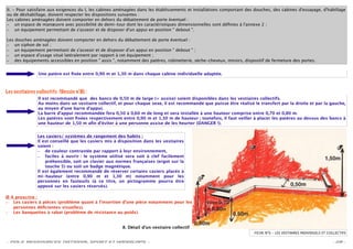 II. - Pour satisfaire aux exigences du I, les cabines aménagées dans les établissements et installations comportant des douches, des cabines d'essayage, d'habillage
ou de déshabillage, doivent respecter les dispositions suivantes :
Les cabines aménagées doivent comporter en dehors du débattement de porte éventuel :
– un espace de manœuvre avec possibilité de demi-tour dont les caractéristiques dimensionnelles sont déﬁnies à l'annexe 2 ;
– un équipement permettant de s'asseoir et de disposer d'un appui en position " debout ".

Les douches aménagées doivent comporter en dehors du débattement de porte éventuel :
– un siphon de sol ;
– un équipement permettant de s'asseoir et de disposer d'un appui en position " debout " ;
– un espace d'usage situé latéralement par rapport à cet équipement ;
– des équipements accessibles en position " assis ", notamment des patères, robinetterie, sèche-cheveux, miroirs, dispositif de fermeture des portes.


                Une patère est ﬁxée entre 0,90 m et 1,30 m dans chaque cabine individuelle adaptée.



Les vestiaires collectifs (Dessin n°8) :
               Il est recommandé que des bancs de 0,50 m de large (= assise) soient disponibles dans les vestiaires collectifs.
               Au moins dans un vestiaire collectif, et pour chaque sexe, il est recommandé que puisse être réalisé le transfert par la droite et par la gauche,
               au moyen d'une barre d'appui.
               La barre d’appui recommandée fera 0,50 à 0,60 m de long et sera installée à une hauteur comprise entre 0,70 et 0,80 m.
               Les patères sont ﬁxées respectivement entre 0,90 m et 1,30 m de hauteur ; toutefois, il faut veiller à placer les patères au dessus des bancs à
               une hauteur de 1,50 m aﬁn d’éviter à une personne assise de les heurter (DANGER !).


               Les casiers/ systèmes de rangement des habits :
               Il est conseillé que les casiers mis à disposition dans les vestiaires
               soient :
               – de couleur contrastée par rapport à leur environnement,
               – faciles à ouvrir : le système utilisé sera soit à clef facilement
                   préhensible, soit un clavier aux normes françaises (ergot sur la
                   touche 5) ou soit un badge magnétique.
               Il est également recommandé de réserver certains casiers placés à
               mi-hauteur (entre 0,90 m et 1,30 m) notamment pour les
               personnes en fauteuils (à ce titre, un pictogramme pourra être
               apposé sur les casiers réservés).

Ø A proscrire :
– Les casiers à pièces (problème quant à l’insertion d’une pièce notamment pour les
   personnes déﬁcientes visuelles).
– Les banquettes à rabat (problème de résistance au poids).



                                                       8. Détail d'un vestiaire collectif
                                                                                                                       FICHE N°6 – LES VESTIAIRES INDIVIDUELS ET COLLECTIFS

- POLE RESSOURCES NATIONAL SPORT ET HANDICAPS -                                                                                                                    - 28 -
 
