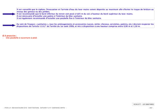 Il est conseillé que le siphon, l’évacuation et l’arrivée d’eau du lave-mains soient déportés au maximum aﬁn d’éviter le risque de brûlure au
              niveau des genoux ou des jambes.
              Il est recommandé que le bord inférieur du miroir soit posé à 0,85 m du sol, à hauteur du bord supérieur du lave-mains.
              Il est nécessaire d’installer une patère à l'intérieur du bloc sanitaire.
              Il est également recommandé d’installer une poubelle ﬁxe à l’intérieur du bloc sanitaire.


             Au sein de l’espace « sanitaires », tous les aménagements et accessoires (savon, sèche-cheveux, serviettes, patères, etc.) devront respecter les
             dispositions de l’article 11.II.2° de l’arrêté du 1er août 2006, et mis à disposition à une hauteur comprise entre 0,90 m et 1,30 m.




Ø A proscrire :
– Une poubelle à ouverture à pied.




                                                                                                                                       FICHE N°7 – LES SANITAIRES

- POLE RESSOURCES NATIONAL SPORT ET HANDICAPS -                                                                                                          - 32 -
 