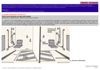 FICHE N°8 – LES DOUCHES
                                                                                                    er
Ce document respecte les dispositions réglementaires en vigueur (Article 18 de l’arrêté du 1 août 2006 modiﬁé), et les complète le cas échéant.
L’ensemble des dispositions de cette ﬁche doit respecter les caractéristiques énoncées au sein de la ﬁche « signalétique et contraste » (ﬁche n°1).
Les dessins (Dessins n°11, et n°12) de cette ﬁche illustrent les recommandations du groupe de travail.

Objectifs :
– permettre un accès et usage aisé aux douches de l’établissement.


Les douches individuelles (Dessin n°11) :
Article 18 de l’arrêté du 1er août 2006 modiﬁé:
Dispositions supplémentaires relatives aux douches et cabines.

I. - Lorsqu'il y a lieu à déshabillage ou essayage en cabine, au moins une cabine doit être aménagée et accessible par un cheminement praticable. Lorsqu'il existe des
douches, au moins une douche doit être aménagée et accessible par un cheminement praticable. Les cabines et les douches aménagées doivent être installées au
même emplacement que les autres cabines ou douches lorsque celles-ci sont regroupées. Lorsqu'il existe des cabines ou des douches séparées pour chaque sexe, au
moins une cabine ou une douche aménagée et séparée pour chaque sexe doit être installée.




                                                                                                                    11. Douches individuelles



                                                                                                                                                 FICHE N°8 – LES DOUCHES
- POLE RESSOURCES NATIONAL SPORT ET HANDICAPS -                                                                                                                  - 33 -
 