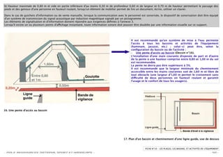 b) Hauteur maximale de 0,80 m et vide en partie inférieure d'au moins 0,30 m de profondeur 0,60 m de largeur et 0,70 m de hauteur permettant le passage des
pieds et des genoux d'une personne en fauteuil roulant, lorsqu'un élément de mobilier permet de lire un document, écrire, utiliser un clavier.

Dans le cas de guichets d'information ou de vente manuelle, lorsque la communication avec le personnel est sonorisée, le dispositif de sonorisation doit être équipé
d'un système de transmission du signal acoustique par induction magnétique signalé par un pictogramme.
Les éléments de signalisation et d'information doivent répondre aux exigences déﬁnies à l'annexe 3.
Lorsqu'il existe un ou plusieurs points d'a chage instantané, toute information sonore doit pouvoir être doublée par une information visuelle sur ce support.




                                                                                                 Il est recommandé qu’un système de mise à l’eau permette
                                                                                                 l’accès à tous les bassins et activités de l’équipement
                                                                                                 (hammam, jacuzzi, etc.) ; celui-ci peut être, selon la
                                                                                                 conﬁguration du bassin ou de l’activité :
                                                                                                 – Une pente d’accès au bassin (Dessin n°16).
                                                                                                 L’installation d’une main courante disposée de part et d’autre
                                                                                                 de la pente à une hauteur comprise entre 0,80 et 1,00 m du sol
                                                                                                 est recommandée.
                                                                                                 La pente ne devra pas être supérieure à 5%.
                                                                                                 Il est recommandé que la largeur minimale du cheminement
                                                                                                 accessible entre les mains courantes soit de 1,60 m et libre de
                                                                                                 tout obstacle (une largeur d’1,60 m permet le croisement sans
                                                                                                 di culté de deux personnes en fauteuil roulant et garantit
                                                                                                 l’usage et le confort de tous les usagers).




16. Une pente d'accès au bassin




                                                                                           17. Plan d'un bassin et cheminement d'une ligne guide, vue de dessus


                                                                                                           FICHE N°10 – LES PLAGES, LES BASSINS, ET ACTIVITÉS DE L'ÉQUIPEMENT
- POLE RESSOURCES NATIONAL SPORT ET HANDICAPS -                                                                                                                      - 40 -
 