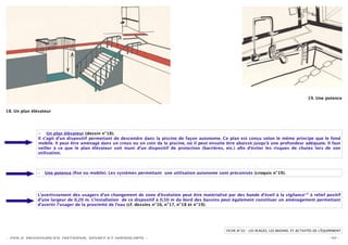 19. Une potence


18. Un plan élévateur




               - Un plan élévateur (dessin n°18).
               Il s’agit d’un dispositif permettant de descendre dans la piscine de façon autonome. Ce plan est conçu selon le même principe que le fond
               mobile. Il peut être aménagé dans un creux ou un coin de la piscine, où il peut ensuite être abaissé jusqu’à une profondeur adéquate. Il faut
               veiller à ce que le plan élévateur soit muni d'un dispositif de protection (barrières, etc.) aﬁn d'éviter les risques de chutes lors de son
               utilisation.



              –   Une potence (ﬁxe ou mobile). Les systèmes permettant une utilisation autonome sont préconisés (croquis n°19).




              L’avertissement des usagers d’un changement de zone d’évolution peut être matérialisé par des bande d’éveil à la vigilance* à relief positif
              d’une largeur de 0,20 m. L’installation de ce dispositif à 0,50 m du bord des bassins peut également constituer un aménagement permettant
              d’avertir l’usager de la proximité de l’eau (cf. dessins n°16, n°17, n°18 et n°19).




                                                                                                      FICHE N°10 – LES PLAGES, LES BASSINS, ET ACTIVITÉS DE L'ÉQUIPEMENT

- POLE RESSOURCES NATIONAL SPORT ET HANDICAPS -                                                                                                                 - 41 -
 