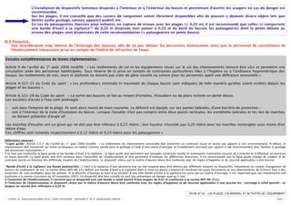 L’installation de dispositifs lumineux disposés à l’intérieur et à l’extérieur du bassin et permettant d’avertir les usagers en cas de danger est
                    recommandée.
                    Sur les plages, il est conseillé que des casiers de rangement soient librement disponibles aﬁn de pouvoir y déposer divers objets tels que
                    boitier audio guidage, cannes, appareil auditif, etc.
                    En cas de pataugeoires (bassins pour enfants), en rupture de niveau avec les plages ( 0,20 m), il est recommandé que celles-ci comportent
                    une bande d’éveil à la vigilance*2 de 0,20 m disposée tout autour à 0,50 m du bord du bassin; les pataugeoires dont la pente débute au
                    niveau des plages sont dispensées de cette recommandation (= pataugeoires en pente douce).

Ø A Proscrire :
–  Une réverbération trop intense de l’éclairage des bassins, aﬁn de ne pas éblouir les personnes malvoyantes ainsi que le personnel de surveillance de
   l’établissement (nécessaire prise en compte de l’indice de réfraction de l’eau).

Extraits complémentaires de textes réglementaires :

Article 9 de l’arrêté du 1er août 2006 modiﬁé : « Les revêtements de sol et les équipements situés sur le sol des cheminements doivent être sûrs et permettre une
circulation aisée des personnes handicapées. Sous réserve de la prise en compte de contraintes particulières liées à l’hygiène ou à l’ambiance hygrométrique des
locaux, les revêtements de sols, murs et plafonds ne doivent pas créer de gêne visuelle ou sonore pour les personnes ayant une déﬁcience sensorielle ».

Article A.322-25 du Code du sport : « Les profondeurs minimale et maximale de chaque bassin sont indiquées de telle manière qu'elles soient visibles depuis les
plages et les bassins ».

Article A.322-28 du Code du sport : « La sortie des bassins se fait au moyen d'échelles, d'escaliers ou de plans inclinés en pente douce.
Les escaliers d'accès à l'eau sont aménagés :

–    soit dans l'emprise de la plage. Ils sont alors munis de main courante. Le défoncé est équipé, sur ses parties latérales, d'une barrière de protection ;
–    soit à l'intérieur de la zone d'évolution du bassin. Lorsque l'escalier n'est pas compris entre deux parois verticales, les extrémités latérales et les nez de marches
     ne doivent présenter d'angle vif.

Les marches d'escalier ont un giron qui ne doit pas être inférieur à 0,25 mètre ; leur hauteur n'excède pas 0,20 mètre pour les marches immergées sous moins d'un
mètre d'eau.
Ces chi res sont ramenés respectivement à 0,12 mètre et 0,20 mètre pour les pataugeoires ».

Déﬁnitions annexes :
*1Ligne guide : Article 2.II.1° de l’arrêté du 1 er août 2006 modiﬁé : « Le revêtement du cheminement accessible doit présenter un contraste visuel et tactile par rapport à son environnement. A défaut, le

cheminement doit comporter sur toute sa longueur un repère continu, tactile pour le guidage à l’aide d’une canne d’aveugle, et visuellement contrasté par rapport à son environnement pour faciliter le guidage
des personnes malvoyantes ».
Il ne faut pas confondre la ligne guide et les bandes d’éveil à la vigilance ; la ligne guide doit permettre aux aveugles (contraste tactile) et malvoyants (contrastes visuels) de s’orienter et d’e ectuer un parcours
en toute sécurité. La ligne guide doit être continue dans l’ensemble de l’établissement et doit permettre d’indiquer les di érentes directions. Il est recommandé que la ligne guide change de couleur et de
contraste tactile en fonction des di érents espaces de l’établissement. Le dispositif retenu par le maître d’oeuvre devra être conforme avec les règles d’hygiènes et de sécurité applicables à une piscine.

*2Bande   d’éveil à la vigilance (ou bande podotactile) : L’éveil à la vigilance d’une personne mal ou non voyante peut être obtenu par di érents moyens ou dispositifs, notamment un simple changement de
texture du revêtement de sol. La norme Afnor NFP 98-351 déﬁnit une bande d’éveil à la vigilance dont la mise en œuvre s’impose en bordures de quais ferroviaires et aux abaissements de trottoirs face à des
traversées de rues protégées pour les piétons. Si la décision d’équiper le haut d’un escalier d’une telle bande d’éveil à la vigilance est prise par un maître d’ouvrage, il est important que son implantation soit
conforme à la norme (circulaire du 30 novembre 2007). Ce dispositif doit être installé en tout lieu présentant un danger quel qu’il soit.
A l’extérieur de l’établissement, il convient que ce dispositif soit une bande à relief positif d’une largeur de 0,42 m (conforme à la norme NFP 98-351).
A l’intérieur de l’établissement, le dispositif choisi par le maître d’oeuvre devra être conforme avec les règles d’hygiènes et de sécurité applicables à une piscine (ex : carrelage à relief positif) ; sa
largeur ne saurait être inférieure à 0,20 m.

                                                                                                                                             FICHE N°10 – LES PLAGES, LES BASSINS, ET ACTIVITÉS DE L'ÉQUIPEMENT

- POLE RESSOURCES NATIONAL SPORT ET HANDICAPS -                                                                                                                                                                - 42 -
 