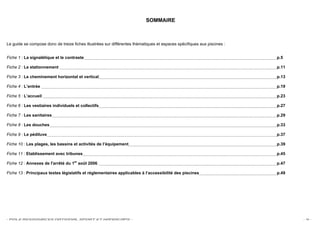 SOMMAIRE



Le guide se compose donc de treize fiches illustrées sur différentes thématiques et espaces spécifiques aux piscines :


Fiche 1 : La signalétique et le contraste                                                                                p.5

Fiche 2 : Le stationnement                                                                                               p.11

Fiche 3 : Le cheminement horizontal et vertical                                                                          p.13

Fiche 4 : L’entrée                                                                                                       p.19

Fiche 5 : L’accueil                                                                                                      p.23

Fiche 6 : Les vestiaires individuels et collectifs                                                                       p.27

Fiche 7 : Les sanitaires                                                                                                 p.29

Fiche 8 : Les douches                                                                                                    p.33

Fiche 9 : Le pédiluve                                                                                                    p.37

Fiche 10 : Les plages, les bassins et activités de l’équipement                                                          p.39

Fiche 11 : Etablissement avec tribunes                                                                                   p.45

Fiche 12 : Annexes de l'arrêté du 1er août 2006                                                                          p.47

Fiche 13 : Principaux textes législatifs et réglementaires applicables à l’accessibilité des piscines                    p.49




- POLE RESSOURCES NATIONAL SPORT ET HANDICAPS -                                                                                 -4-
 
