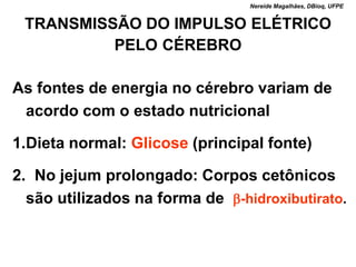 Nereide Magalhães, DBioq, UFPE


 TRANSMISSÃO DO IMPULSO ELÉTRICO
          PELO CÉREBRO

As fontes de energia no cérebro variam de
 acordo com o estado nutricional

1.Dieta normal: Glicose (principal fonte)

2. No jejum prolongado: Corpos cetônicos
  são utilizados na forma de b-hidroxibutirato.
 