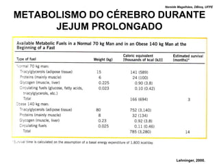 Nereide Magalhães, DBioq, UFPE


METABOLISMO DO CÉREBRO DURANTE
      JEJUM PROLONGADO




                              Lehninger, 2000.
 