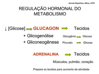 Nereide Magalhães, DBioq, UFPE


       REGULAÇÃO HORMONAL DO
            METABOLISMO


↓ [Glicose]   GLUCAGON                         Tecidos
         + Glicogenólise             Glicogênio          Glicose

         + Gliconeogênese           Piruvato             Glicose



              ADRENALINA                       Tecidos
                             Músculos, pulmão, coração

              Prepara os tecidos para aumento de atividade
 