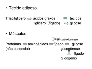 • Tecido adiposo

Triacilglicerol   ácidos graxos            tecidos
                  +glicerol (fígado)       glicose

• Músculos
                              PEP carboxiquinase
Proteínas    aminoácidos       fígado      glicose
(não essencial)                     glicogênese
                                            fígado
                                    glicogênio
 