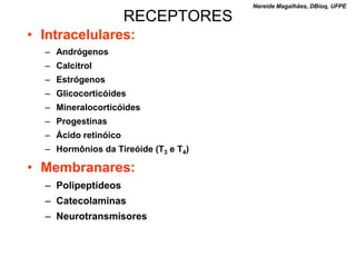 Nereide Magalhães, DBioq, UFPE

                      RECEPTORES
• Intracelulares:
  – Andrógenos
  – Calcitrol
  – Estrógenos
  – Glicocorticóides
  – Mineralocorticóides
  – Progestinas
  – Ácido retinóico
  – Hormônios da Tireóide (T3 e T4)

• Membranares:
  – Polipeptídeos
  – Catecolaminas
  – Neurotransmisores
 