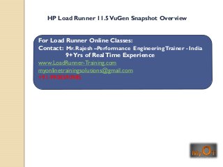 For Load Runner Online Classes:
Contact: Mr. Rajesh –Performance EngineeringTrainer - India
9+Yrs of RealTime Experience
www.LoadRunner-Training.com
myonlinetrainingsolutions@gmail.com
+91-9908590985
HP Load Runner 11.5VuGen Snapshot Overview
 