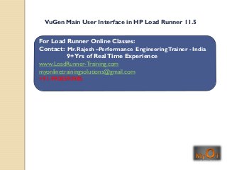 For Load Runner Online Classes:
Contact: Mr. Rajesh –Performance EngineeringTrainer - India
9+Yrs of RealTime Experience
www.LoadRunner-Training.com
myonlinetrainingsolutions@gmail.com
+91-9908590985
VuGen Main User Interface in HP Load Runner 11.5
 