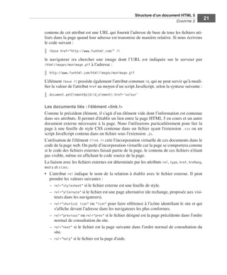Structure d’un document HTML 5 ﻿
                                                                                                               C
                                                                                                               ﻿ hapitre 2
                                                                                                                                  21

                             contenu de cet attribut est une URL qui fournit l’adresse de base de tous les fichiers uti-
                             lisés dans la page quand leur adresse est transmise de manière relative. Si nous écrivons
                             le code suivant :
                                <base href="http://www.funhtml.com/" />

                             le navigateur ira chercher une image dont l’URL est indiquée sur le serveur par .
                             /html/images/monimage.gif à l’adresse :

                                http://www.funhtml.com/html/images/monimage.gif

                             L’élément <base /> possède également l’attribut commun id, qui ne peut servir qu’à modi-
                             fier la valeur de l’attribut href au moyen d’un script JavaScript, selon la syntaxe suivante :
                                document.getElementById(id_element).href=‘valeur’


                             Les documents liés : l’élément <link />
                             Comme le précédent élément, il s’agit d’un élément vide dont l’information est contenue
                             dans ses attributs. Il permet d’établir un lien entre la page HTML 5 en cours et un autre
                             document externe nécessaire à la page. Nous l’utiliserons particulièrement pour lier la
                             page à une feuille de style CSS contenue dans un fichier ayant l’extension .css ou un
                             script JavaScript contenu dans un fichier sous l’extension .js. 
                             L’utilisation de l’élément <link /> crée l’incorporation virtuelle de ces documents dans le
                             code de la page web. On parle d’incorporation virtuelle car la page se comportera comme
                             si le code des fichiers externes faisait partie de la page, le contenu de ces fichiers n’étant
                             pas visible, même en affichant le code source de la page. 
                             La liaison avec les fichiers externes est déterminée par les attributs rel, type, href, ­ reflang,
                                                                                                                     h
                             media et sizes. 
                             •	 L’attribut rel indique le nom de la relation à établir avec le fichier externe. Il peut
                                 prendre les valeurs suivantes :
                                 –	 rel="stylesheet" si le fichier externe est une feuille de style. 
                                 –	 rel="alternate" si le fichier est une page alternative (de rechange, proposée aux visi-
                                    teurs dans les navigateurs). 
                                 –	 rel="shortcut icon" ou "icon" pour faire référence à l’icône identifiant le site et qui
                                    s’affiche devant l’adresse dans les navigateurs les plus conformes. 
                                 –	 rel="previous" ou rel="prev" si le fichier désigné est la page précédente dans l’ordre
                                    normal de consultation du site. 
                                 –	 rel="next" si le fichier est la page suivante dans l’ordre normal de consultation du
                                    site. 
                                 –	 rel="help" si le fichier est la page d’aide. 




Engels_HTML5etCSS3.indb 21                                                                                                         13/03/12 14:48
 