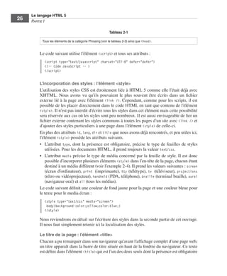 Le langage HTML 5
         26        Partie I

                                                                               Tableau 2-1

                             Tous les éléments de la catégorie Phrasing (voir le tableau 2-3) ainsi que <head>.


                         Le code suivant utilise l’élément <script> et tous ses attributs :
                              <script type="text/javascript" charset="UTF-8" defer="defer">
                              <!-- Code JavaScript -- >
                              </script>


                         L’incorporation des styles : l’élément <style>
                         L’utilisation des styles CSS est étroitement liée à HTML 5 comme elle l’était déjà avec
                         XHTML.  Nous avons vu qu’ils pouvaient le plus souvent être écrits dans un fichier
                         externe lié à la page avec l’élément <link />. Cependant, comme pour les scripts, il est
                         possible de les placer directement dans le code HTML en tant que contenu de l’élément
                         <style>. Il n’est pas interdit d’écrire tous les styles dans cet élément mais cette possibilité
                         sera réservée aux cas où les styles sont peu nombreux. Il est aussi envisageable de lier un
                         fichier externe contenant les styles communs à toutes les pages d’un site avec <link /> et
                         d’ajouter des styles particuliers à une page dans l’élément <style> de celle-ci. 
                         En plus des attributs id, lang, dir et title que nous avons déjà rencontrés, et peu utiles ici,
                         l’élément <style> possède les attributs suivants. 
                         •	 L’attribut type, dont la présence est obligatoire, précise le type de feuilles de styles
                             ­ tilisées. Pour les documents HTML, il prend toujours la valeur text/css. 
                             u
                         •	 L’attribut media précise le type de média concerné par la feuille de style. Il est donc
                             possible d’incorporer plusieurs éléments <style> dans l’en-tête de la page, chacun étant
                             destiné à un média différent (voir l’exemple 2-4). Il prend les valeurs suivantes : screen
                             (écran d’ordinateur), print (imprimante), tty (télétype), tv (téléviseur), projections
                             (rétro ou vidéoprojecteur), handheld (PDA, téléphone), braille (terminal braille), aural
                             (navigateur oral) et all (tous les médias). 
                         Le code suivant définit une couleur de fond jaune pour la page et une couleur bleue pour
                         le texte pour le media écran :
                              <style type="text/css" media="screen">
                               body{background-color:yellow;color:blue;}
                              </style>

                         Nous reviendrons en détail sur l’écriture des styles dans la seconde partie de cet ouvrage. 
                         Il nous faut simplement retenir ici la localisation des styles. 

                         Le titre de la page : l’élément <title>
                         Chacun a pu remarquer dans son navigateur qu’avant l’affichage complet d’une page web,
                         un titre apparaît dans la barre de titre située en haut de la fenêtre du navigateur. Ce texte
                         est défini dans l’élément <title> qui est l’un des deux seuls dont la présence est obligatoire




Engels_HTML5etCSS3.indb 26                                                                                                 13/03/12 14:48
 