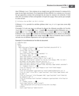 Structure d’un document HTML 5 ﻿
                                                                                                        C
                                                                                                        ﻿ hapitre 2
                                                                                                                           27

                             dans l’élément <head>. Son contenu est un simple texte qui doit résumer le contenu de la
                             page en une ligne maximum. Il est important de bien réfléchir à ce contenu car c’est aussi
                             lui qui apparaîtra comme titre principal du site dans les moteurs de recherche. Il doit
                             donc être accrocheur et bien correspondre à l’esprit de la page. Nous aurons par exemple
                             le code suivant :
                               <title>Le site de HTML 5 et CSS 3 </title>

                             L’élément <title> possède les attributs globaux dont lang, dir et id que nous avons déjà
                             rencontrés. 
                             L’exemple 2-4 crée une page en utilisant la plupart des éléments possibles de l’en-tête
                             <head> dont <title> (repère ❶), <base /> (repère ❷), un grand nombre d’éléments <meta />
                             (repère ❸) et <link /> (repère ❹), les éléments <style> (repère ❺) et <script> (repère ❻). 
                             L’élément <body> (repère ❼) contient un minimum d’éléments pour obtenir un affichage,
                             à savoir un titre (repère ❽) et une image (repère ❾). Nous reviendrons dans la section
                             suivante sur cet élément important et sur ce qu’il peut contenir. 

                             Exemple 2-4 Les éléments de l’en-tête du document
                               <!DOCTYPE html>
                               <html>
                                <head>
                                 <meta http-equiv="Content-type" content="text/html;charset=UTF-8" />
                                   <!-- Element <title> --> ❶
                                   <title> HTML 5 et CSS 3 </title>
                                   <!-- Element <base /> --> ❷
                                   <base href="http://www.funhtml.com/html/" />
                                   <!--Elements <meta /> --> ❸
                                   <meta name="Author" content="Jean ENGELS"/>
                                   <meta name="Keywords" content="HTML 5, CSS 3, Web" />
                                   <meta name="Description" content="Le site du livre &raquo; HTML 5 et CSS 3
                                   ➥ &raquo; de Jean Engels Editions Eyrolles" />
                                   <meta http-equiv="default-style" content="text/css" />
                                   <meta http-equiv="Refresh" content="1250; URL=http://www.funhtml.com/xhtml">
                                   <!-- Elements <link /> --> ❹
                                   <link rel="shortcut icon" type="images/x-icon" href="/html/images/
                                   ➥ favicon.ico" />
                                   <link rel="stylesheet" type="text/css" href="/xhtml/C2/messtyles.css" />
                                   <link rel="next" title="PHP 5" type="text/html" href="http://www.funhtml.com/
                                   ➥ php5" />
                                   <link rel="previous" title="Document HTML" type="text/html" href="/html/C2/
                                   ➥ exemple2-1.xml" />
                                   <link rel=alternate href="/en/html" hreflang=en type=text/html title="English
                                   ➥ HTML">
                                   <!-- Element <style> --> ❺
                                   <style type="text/css" media="screen">
                                     body {background-color:yellow;color:blue;font-size:40px}
                                   </style>
                                   <style type="text/css" media="print">




Engels_HTML5etCSS3.indb 27                                                                                                  13/03/12 14:48
 