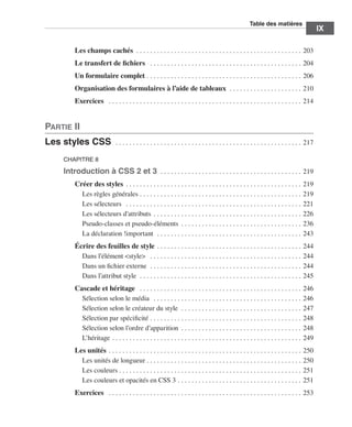 T
                                                                                                                                                                               ﻿ able des matières
                                                                                                                                                                                                                           ﻿﻿
                                                                                                                                                                                                                                      IX

                                      Les champs cachés  .  .  .  .  .  .  .  .  .  .  .  .  .  .  .  .  .  .  .  .  .  .  .  .  .  .  .  .  .  .  .  .  .  .  .  .  .  .  .  .  .  .  .  .  .  .  .  . 203
                                      Le transfert de fichiers  .  .  .  .  .  .  .  .  .  .  .  .  .  .  .  .  .  .  .  .  .  .  .  .  .  .  .  .  .  .  .  .  .  .  .  .  .  .  .  .  .  .  .  .  . 204
                                      Un formulaire complet  .  .  .  .  .  .  .  .  .  .  .  .  .  .  .  .  .  .  .  .  .  .  .  .  .  .  .  .  .  .  .  .  .  .  .  .  .  .  .  .  .  .  .  .  . 206
                                      Organisation des formulaires à l’aide de tableaux  . .  .  .  .  .  .  .  .  .  .  .  .  .  .  .  .  .  .  .  .  . 210
                                      Exercices  .  .  .  .  .  .  .  .  .  .  .  .  .  .  .  .  .  .  .  .  .  .  .  .  .  .  .  .  .  .  .  .  .  .  .  .  .  .  .  .  .  .  .  .  .  .  .  .  .  .  .  .  .  .  .  .  . 214


                  Partie II
                  Les styles CSS  . .  .  .  .  .  .  .  .  .  .  .  .  .  .  .  .  .  .  .  .  .  .  .  .  .  .  .  .  .  .  .  .  .  .  .  .  .  .  .  .  .  .  .  .  .  .  .  .  .  .  .  .  .  . 217
                              CHAPITRE 8

                              Introduction à CSS 2 et 3  .  .  .  .  .  .  .  .  .  .  .  .  .  .  .  .  .  .  .  .  .  .  .  .  .  .  .  .  .  .  .  .  .  .  .  .  .  .  .  .  . 219
                                      Créer des styles  .  .  .  .  .  .  .  .  .  .  .  .  .  .  .  .  .  .  .  .  .  .  .  .  .  .  .  .  .  .  .  .  .  .  .  .  .  .  .  .  .  .  .  .  .  .  .  .  .  .  .                 219
                                        Les règles générales  .  .  .  .  .  .  .  .  .  .  .  .  .  .  .  .  .  .  .  .  .  .  .  .  .  .  .  .  .  .  .  .  .  .  .  .  .  .  .  .  .  .  .  .  .  .  .                       219
                                        Les sélecteurs  .  .  .  .  .  .  .  .  .  .  .  .  .  .  .  .  .  .  .  .  .  .  .  .  .  .  .  .  .  .  .  .  .  .  .  .  .  .  .  .  .  .  .  .  .  .  .  .  .  .  .  .              221
                                        Les sélecteurs d’attributs  .  .  .  .  .  .  .  .  .  .  .  .  .  .  .  .  .  .  .  .  .  .  .  .  .  .  .  .  .  .  .  .  .  .  .  .  .  .  .  .  .  .  .                             226
                                        Pseudo-classes et pseudo-éléments  .  .  .  .  .  .  .  .  .  .  .  .  .  .  .  .  .  .  .  .  .  .  .  .  .  .  .  .  .  .  .  .  .  .  .                                              236
                                        La déclaration !important  . .  .  .  .  .  .  .  .  .  .  .  .  .  .  .  .  .  .  .  .  .  .  .  .  .  .  .  .  .  .  .  .  .  .  .  .  .  .  .  .  .  .                               243
                                      Écrire des feuilles de style  .  .  .  .  .  .  .  .  .  .  .  .  .  .  .  .  .  .  .  .  .  .  .  .  .  .  .  .  .  .  .  .  .  .  .  .  .  .  .  .  .  .                                244
                                        Dans l’élément <style>  .  .  .  .  .  .  .  .  .  .  .  .  .  .  .  .  .  .  .  .  .  .  .  .  .  .  .  .  .  .  .  .  .  .  .  .  .  .  .  .  .  .  .  .  .                           244
                                        Dans un fichier externe  . .  .  .  .  .  .  .  .  .  .  .  .  .  .  .  .  .  .  .  .  .  .  .  .  .  .  .  .  .  .  .  .  .  .  .  .  .  .  .  .  .  .  .  .                           244
                                        Dans l’attribut style  . .  .  .  .  .  .  .  .  .  .  .  .  .  .  .  .  .  .  .  .  .  .  .  .  .  .  .  .  .  .  .  .  .  .  .  .  .  .  .  .  .  .  .  .  .  .  .                    245
                                      Cascade et héritage  .  .  .  .  .  .  .  .  .  .  .  .  .  .  .  .  .  .  .  .  .  .  .  .  .  .  .  .  .  .  .  .  .  .  .  .  .  .  .  .  .  .  .  .  .  .  .  .                       246
                                        Sélection selon le média  .  .  .  .  .  .  .  .  .  .  .  .  .  .  .  .  .  .  .  .  .  .  .  .  .  .  .  .  .  .  .  .  .  .  .  .  .  .  .  .  .  .  .  .                            246
                                        Sélection selon le créateur du style  . .  .  .  .  .  .  .  .  .  .  .  .  .  .  .  .  .  .  .  .  .  .  .  .  .  .  .  .  .  .  .  .  .  .  .                                         247
                                        Sélection par spécificité  .  .  .  .  .  .  .  .  .  .  .  .  .  .  .  .  .  .  .  .  .  .  .  .  .  .  .  .  .  .  .  .  .  .  .  .  .  .  .  .  .  .  .  .                           248
                                        Sélection selon l’ordre d’apparition  .  .  .  .  .  .  .  .  .  .  .  .  .  .  .  .  .  .  .  .  .  .  .  .  .  .  .  .  .  .  .  .  .  .  .                                           248
                                        L’héritage  .  .  .  .  .  .  .  .  .  .  .  .  .  .  .  .  .  .  .  .  .  .  .  .  .  .  .  .  .  .  .  .  .  .  .  .  .  .  .  .  .  .  .  .  .  .  .  .  .  .  .  .  .  .  .         249
                                      Les unités  .  .  .  .  .  .  .  .  .  .  .  .  .  .  .  .  .  .  .  .  .  .  .  .  .  .  .  .  .  .  .  .  .  .  .  .  .  .  .  .  .  .  .  .  .  .  .  .  .  .  .  .  .  .  .  .        250
                                        Les unités de longueur  .  .  .  .  .  .  .  .  .  .  .  .  .  .  .  .  .  .  .  .  .  .  .  .  .  .  .  .  .  .  .  .  .  .  .  .  .  .  .  .  .  .  .  .  .                           250
                                        Les couleurs  .  .  .  .  .  .  .  .  .  .  .  .  .  .  .  .  .  .  .  .  .  .  .  .  .  .  .  .  .  .  .  .  .  .  .  .  .  .  .  .  .  .  .  .  .  .  .  .  .  .  .  .  .             251
                                        Les couleurs et opacités en CSS 3  .  .  .  .  .  .  .  .  .  .  .  .  .  .  .  .  .  .  .  .  .  .  .  .  .  .  .  .  .  .  .  .  .  .  .  .                                           251
                                      Exercices  .  .  .  .  .  .  .  .  .  .  .  .  .  .  .  .  .  .  .  .  .  .  .  .  .  .  .  .  .  .  .  .  .  .  .  .  .  .  .  .  .  .  .  .  .  .  .  .  .  .  .  .  .  .  .  .  . 253




Engels_HTML5etCSS3.indb 9                                                                                                                                                                                                              13/03/12 14:48
 