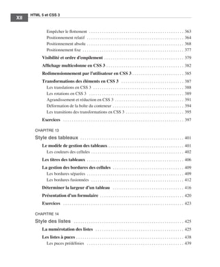 HTML 5 et CSS 3
         XII       ﻿


                                    Empêcher le flottement  . .  .  .  .  .  .  .  .  .  .  .  .  .  .  .  .  .  .  .  .  .  .  .  .  .  .  .  .  .  .  .  .  .  .  .  .  .  .  .  .  .  .  .  .              363
                                    Positionnement relatif  . .  .  .  .  .  .  .  .  .  .  .  .  .  .  .  .  .  .  .  .  .  .  .  .  .  .  .  .  .  .  .  .  .  .  .  .  .  .  .  .  .  .  .  .  .           364
                                    Positionnement absolu  .  .  .  .  .  .  .  .  .  .  .  .  .  .  .  .  .  .  .  .  .  .  .  .  .  .  .  .  .  .  .  .  .  .  .  .  .  .  .  .  .  .  .  .  .              368
                                    Positionnement fixe  .  .  .  .  .  .  .  .  .  .  .  .  .  .  .  .  .  .  .  .  .  .  .  .  .  .  .  .  .  .  .  .  .  .  .  .  .  .  .  .  .  .  .  .  .  .  .          377
                              Visibilité et ordre d’empilement  .  .  .  .  .  .  .  .  .  .  .  .  .  .  .  .  .  .  .  .  .  .  .  .  .  .  .  .  .  .  .  .  .  .  .  .  . 379
                              Affichage multicolonne en CSS 3  .  .  .  .  .  .  .  .  .  .  .  .  .  .  .  .  .  .  .  .  .  .  .  .  .  .  .  .  .  .  .  .  .  .  .  . 382
                              Redimensionnement par l’utilisateur en CSS 3  .  .  .  .  .  .  .  .  .  .  .  .  .  .  .  .  .  .  .  .  .  .  .  . 385
                              Transformations des éléments en CSS 3  .  .  .  .  .  .  .  .  .  .  .  .  .  .  .  .  .  .  .  .  .  .  .  .  .  .  .  .  .  .                                                 387
                                Les translations en CSS 3  . .  .  .  .  .  .  .  .  .  .  .  .  .  .  .  .  .  .  .  .  .  .  .  .  .  .  .  .  .  .  .  .  .  .  .  .  .  .  .  .  .  .                     388
                                Les rotations en CSS 3  .  .  .  .  .  .  .  .  .  .  .  .  .  .  .  .  .  .  .  .  .  .  .  .  .  .  .  .  .  .  .  .  .  .  .  .  .  .  .  .  .  .  .  .  .                 389
                                Agrandissement et réduction en CSS 3  .  .  .  .  .  .  .  .  .  .  .  .  .  .  .  .  .  .  .  .  .  .  .  .  .  .  .  .  .  .  .  .                                          391
                                Déformation de la boîte du conteneur  .  .  .  .  .  .  .  .  .  .  .  .  .  .  .  .  .  .  .  .  .  .  .  .  .  .  .  .  .  .  .  .  .                                       394
                                Les transitions des transformations en CSS 3  .  .  .  .  .  .  .  .  .  .  .  .  .  .  .  .  .  .  .  .  .  .  .  .  .  .  .                                                 395
                              Exercices  .  .  .  .  .  .  .  .  .  .  .  .  .  .  .  .  .  .  .  .  .  .  .  .  .  .  .  .  .  .  .  .  .  .  .  .  .  .  .  .  .  .  .  .  .  .  .  .  .  .  .  .  .  .  .  .  . 397

                       CHAPITRE 13

                       Style des tableaux  . . . . . . . . . . . . . . . . . . . . . . . . . . . . . . . . . . . . . . . . . . . . . . . .  401
                              Le modèle de gestion des tableaux  .  .  .  .  .  .  .  .  .  .  .  .  .  .  .  .  .  .  .  .  .  .  .  .  .  .  .  .  .  .  .  .  .  .  . 401
                                Les couleurs des cellules  .  .  .  .  .  .  .  .  .  .  .  .  .  .  .  .  .  .  .  .  .  .  .  .  .  .  .  .  .  .  .  .  .  .  .  .  .  .  .  .  .  .  . 402
                              Les titres des tableaux  .  .  .  .  .  .  .  .  .  .  .  .  .  .  .  .  .  .  .  .  .  .  .  .  .  .  .  .  .  .  .  .  .  .  .  .  .  .  .  .  .  .  .  .  . 406
                              La gestion des bordures des cellules  . .  .  .  .  .  .  .  .  .  .  .  .  .  .  .  .  .  .  .  .  .  .  .  .  .  .  .  .  .  .  .  .  . 409
                                Les bordures séparées  .  .  .  .  .  .  .  .  .  .  .  .  .  .  .  .  .  .  .  .  .  .  .  .  .  .  .  .  .  .  .  .  .  .  .  .  .  .  .  .  .  .  .  .  . 409
                                Les bordures fusionnées  . .  .  .  .  .  .  .  .  .  .  .  .  .  .  .  .  .  .  .  .  .  .  .  .  .  .  .  .  .  .  .  .  .  .  .  .  .  .  .  .  .  .  . 412
                              Déterminer la largeur d’un tableau  .  .  .  .  .  .  .  .  .  .  .  .  .  .  .  .  .  .  .  .  .  .  .  .  .  .  .  .  .  .  .  .  .  . 416
                              Présentation d’un formulaire  .  .  .  .  .  .  .  .  .  .  .  .  .  .  .  .  .  .  .  .  .  .  .  .  .  .  .  .  .  .  .  .  .  .  .  .  .  .  . 420
                              Exercices  .  .  .  .  .  .  .  .  .  .  .  .  .  .  .  .  .  .  .  .  .  .  .  .  .  .  .  .  .  .  .  .  .  .  .  .  .  .  .  .  .  .  .  .  .  .  .  .  .  .  .  .  .  .  .  .  . 423

                       CHAPITRE 14

                       Style des listes  .  .  .  .  .  .  .  .  .  .  .  .  .  .  .  .  .  .  .  .  .  .  .  .  .  .  .  .  .  .  .  .  .  .  .  .  .  .  .  .  .  .  .  .  .  .  .  .  .  .  .  . 425
                              La numérotation des listes  .  .  .  .  .  .  .  .  .  .  .  .  .  .  .  .  .  .  .  .  .  .  .  .  .  .  .  .  .  .  .  .  .  .  .  .  .  .  .  .  .  . 425
                              Les listes à puces  .  .  .  .  .  .  .  .  .  .  .  .  .  .  .  .  .  .  .  .  .  .  .  .  .  .  .  .  .  .  .  .  .  .  .  .  .  .  .  .  .  .  .  .  .  .  .  .  .  . 438
                                Les puces prédéfinies  .  .  .  .  .  .  .  .  .  .  .  .  .  .  .  .  .  .  .  .  .  .  .  .  .  .  .  .  .  .  .  .  .  .  .  .  .  .  .  .  .  .  .  .  .  . 439




Engels_HTML5etCSS3.indb 12                                                                                                                                                                                               13/03/12 14:48
 