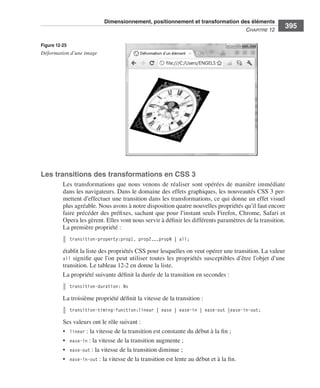 Dimensionnement, positionnement et transformation des éléments
                                                                                                                              C
                                                                                                                              ﻿ haPitre﻿12﻿
                                                                                                                                              395

                  Figure 12-25
                  Déformation d’une image




                  Les transitions des transformations en CSS 3
                              Les .transformations .que .nous .venons .de .réaliser .sont .opérées .de .manière .immédiate .
                              dans .les .navigateurs . .Dans .le .domaine .des .effets .graphiques, .les .nouveautés .CSS 3 .per-
                              mettent .d’effectuer .une .transition .dans .les .transformations, .ce .qui .donne .un .effet .visuel .
                              plus .agréable . .Nous .avons .à .notre .disposition .quatre .nouvelles .propriétés .qu’il .faut .encore .
                              faire .précéder .des .préfixes, .sachant .que .pour .l’instant .seuls .Firefox, .Chrome, .Safari .et .
                              Opera .les .gèrent . .Elles .vont .nous .servir .à .définir .les .différents .paramètres .de .la .transition . .
                              La .première .propriété : .
                                 transition-property:prop1, prop2,…,propN | all;

                              établit .la .liste .des .propriétés .CSS .pour .lesquelles .on .veut .opérer .une .transition . .La .valeur .
                              all .signifie .que .l’on .peut .utiliser .toutes .les .propriétés .susceptibles .d’être .l’objet .d’une .
                              transition . .Le .tableau .12-2 .en .donne .la .liste . .
                              La .propriété .suivante définit .la .durée .de .la .transition .en .secondes .: .
                                 transition-duration: Ns

                              La .troisième .propriété .définit .la .vitesse .de .la .transition : .
                                 transition-timing-function:linear | ease | ease-in | ease-out |ease-in-out;

                              Ses .valeurs .ont .le .rôle .suivant : .
                              • . linear : .la .vitesse .de .la .transition .est .constante .du .début .à .la .fin ; .
                              • . ease-in : .la .vitesse .de .la .transition .augmente ; .
                              • . ease-out : .la .vitesse .de .la .transition .diminue ; .
                              • . ease-in-out : .la .vitesse .de .la .transition .est .lente .au .début .et .à .la .fin . .




Engels_HTML5etCSS3.indb 395                                                                                                                      13/03/12 14:49
 