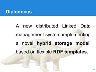 Diplodocus
33
A new distributed Linked Data
management system implementing
a novel hybrid storage model
based on flexible RDF templates.
 