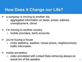 How Does it Change our Life?
10
➢ a company is moving to another city
○ aggregated information on taxes, prices, salaries,
unemployment, climat
➢ I’m moving to another country
○ mobile providers, bank accounts
➢ you’re buying a house
○ crime statistics, weather, house prices, neighbourhood,
traffic information
➢ media annotation
○ video annotated with Linked Data retrieving always an
actual bio of the speaker
 