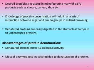 • Desired proteolysis is useful in manufacturing many of dairy
products such as cheese, paneer, khoa etc.
• Knowledge of protein concentration will help in analysis of
interaction between sugar and amino groups in millard browning.
• Denatured proteins are easily digested in the stomach as compare
to undenatured proteins.
Disdavantages of protein denaturation:
• Denatured protein losses its biological activity.
• Most of enzymes gets inactivated due to danaturation of proteins.
40
 