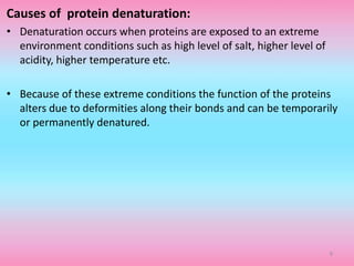 Causes of protein denaturation:
• Denaturation occurs when proteins are exposed to an extreme
environment conditions such as high level of salt, higher level of
acidity, higher temperature etc.
• Because of these extreme conditions the function of the proteins
alters due to deformities along their bonds and can be temporarily
or permanently denatured.
9
 