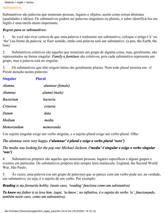 Substantivos
Substantivos são palavras que nomeiam pessoas, lugares e objetos, assim como coisas abstratas
(qualidades e idéias). Os substantivos podem ser palavras singulares ou plurais, e saber identificá-los em
Inglês é uma tarefa muito importante.
Regras para os substantivos:
1. Se você não tiver certeza de que uma palavra é realmente um substantivo, coloque o artigo (‘a’ ou
‘the’) na frente da palavra: se fizer sentido, então está palavra será um substantivo. (a pen, the Earth, the
lion)
2. Substantivos coletivos são aqueles que nomeiam um grupo de alguma coisa, mas, geralmente, são
representados na forma singular: Family e furniture são coletivos, pois cada substantivo representa um
grupo, mas a palavra está no singular.
3. Os substantivos que têm origem latina são geralmente plurais. Nem todo plural termina em –s!
Preste atenção nestas palavras:
Singular Plural
Alumna alumnae (female)
Alumnus alumni (male)
Bacterium bacteria
Criterion criteria
Datum data
Medium media
Memorandum memoranda
Um sujeito singular exige um verbo singular, e o sujeito plural exige um verbo plural. Olhe:
The alumnae were very happy. (‘alumnae’ é plural e exige o verbo plural ‘were’)
The media was looking for the pop star Michael Jackson. (‘media’ é singular e exige o verbo singular
‘was’)
4. Substantivos próprios são aqueles que nomeiam pessoas, lugares específicos e alguns grupos e
eventos em particular. Os substantivos próprios têm sempre letra maiúscula: England, the Second World
War, São Paulo.
5. Às vezes, uma palavra (ou um grupo de palavras) que se parece com um verbo pode ser, na verdade,
um substantivo; ou seja, é o sujeito de um verbo. Por exemplo:
Reading is my favourite hobby. (neste caso, ‘reading’ funciona como um substantivo)
To know my father is to love him. (aqui, ‘to know’, no infinitivo, é o sujeito do verbo ‘is’, funcionando,
também neste caso, como um substantivo).
Matérias > Inglês > Verbos
file:///C|/Alan/10emtudo/Ingles/html_ingles_total.htm (33 of 34) [15/10/2001 16:15:13]
 