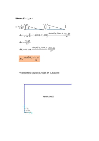 *Tramo BC: ＝
LBC 5
=
Δ2 ――
1
2 EI
≔
Δ2 ――――――
→
⋅
――
1
2 EI
⎛
⎜
⎝
⋅
⋅
―
1
4
(
(-250)
) (
(-5)
) (
(5)
)
⎞
⎟
⎠
,
,
simplify float 6
―――
781.25
EI
→
Δ2 ―――
781.25
EI
≔
ΔVc ――――――
→
+
Δ1 Δ2
,
,
simplify float 6
―――
4531.25
EI
―――
→
ΔVc
simplify
―――
4531.25
EI
VERIFICANDO LOS RESULTADOS EN EL SAP2000
REACCIONES
 